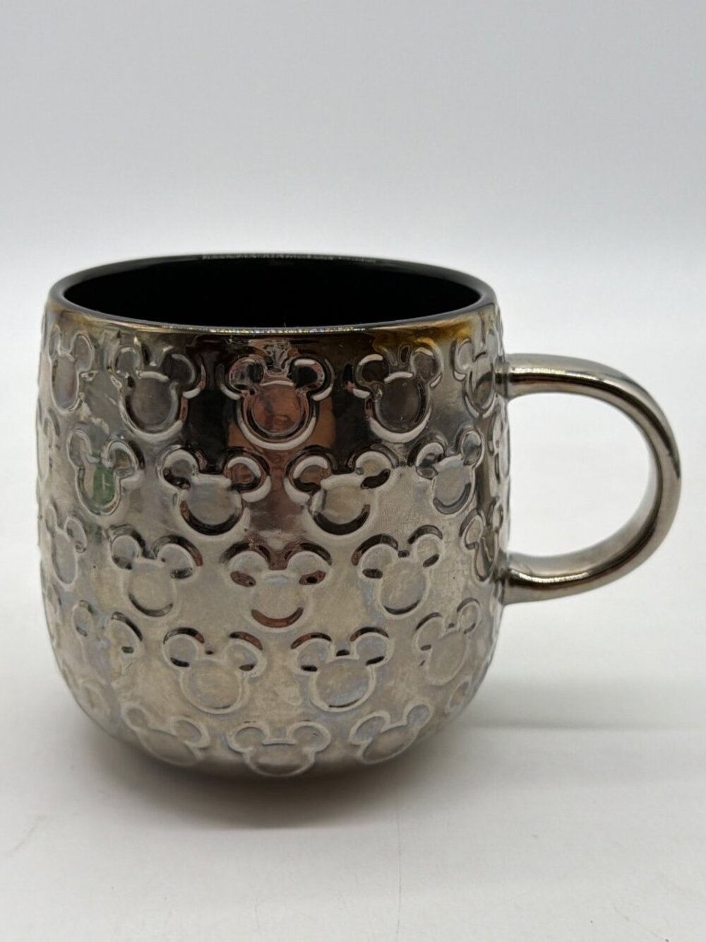 Disney Metallic Mickey Mouse Stoneware Mug 16 Oz Silver Embossed Pattern Made In